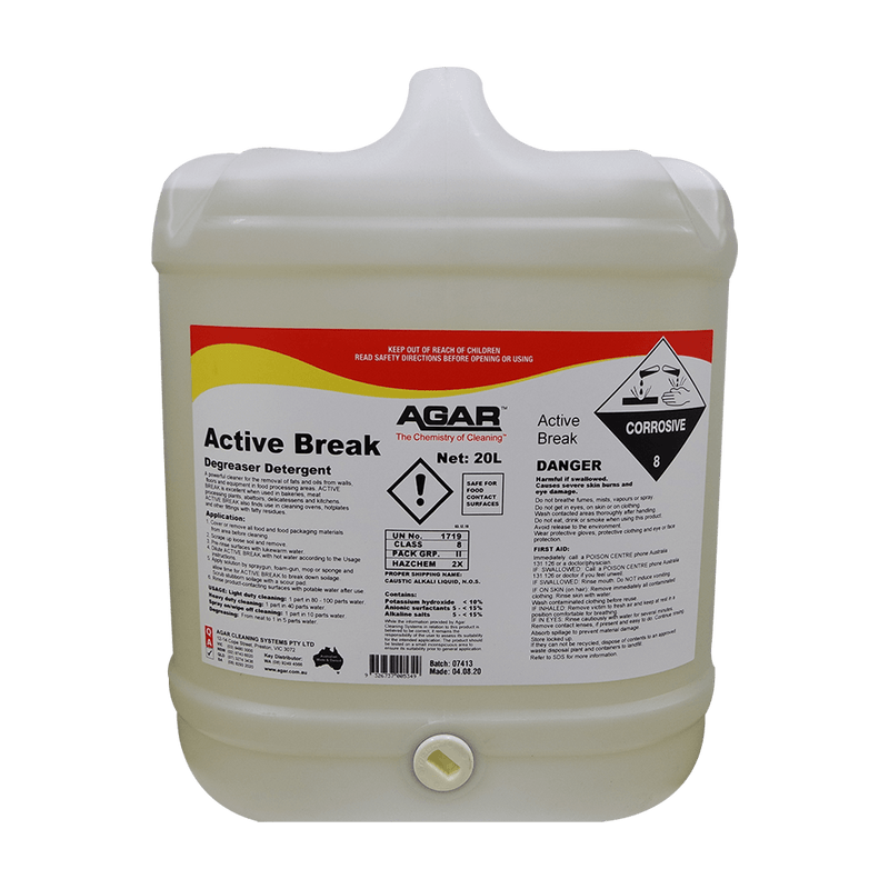 Large container of Agar Active Break Degreaser Detergent with a black background