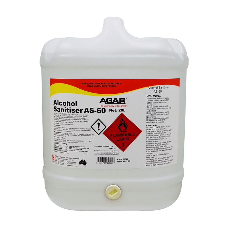 White container of Agar Alcohol Sanitiser AS-60 on a black background