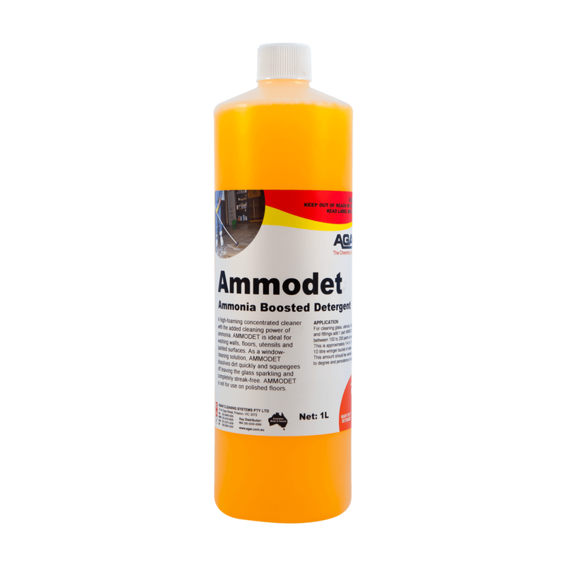 Ammonia boosted detergent bottle with yellow label on a white background