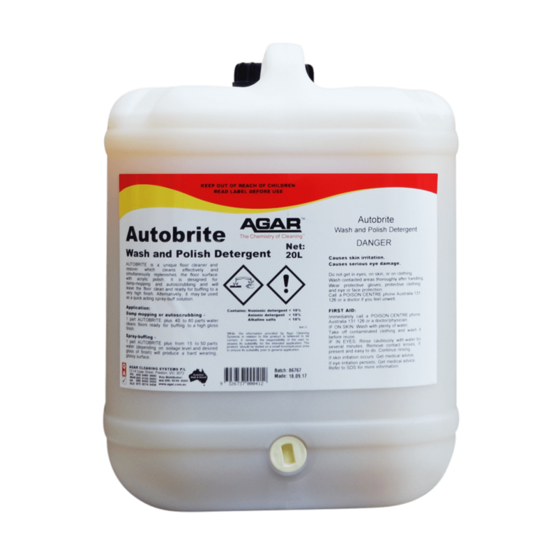 Large container of Autobrite wash and polish detergent with Agar branding on a white background