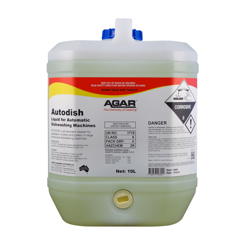 Large container of Agar Autodish liquid for automatic dishwashing machines on a white background