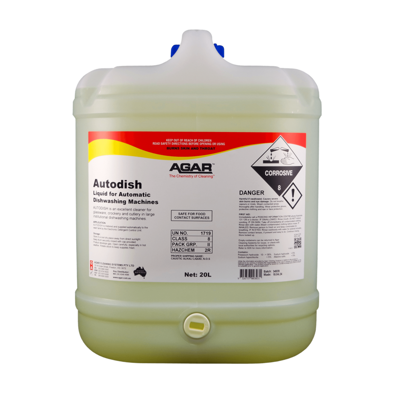 Large container of Agar Autodish liquid for automatic dishwashing machines on a white background