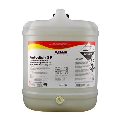 Large container of Agar Autodish SP liquid for automatic dishwashing machines on a white background