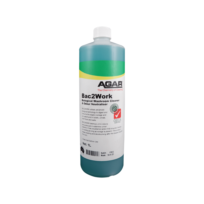 Bottle of Agar Bac2Work biological washroom cleaner on a white background