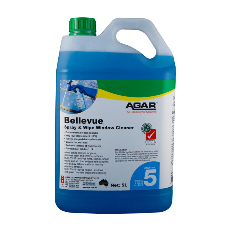 5-liter bottle of Agar Bellevue Spray & Wipe Window Cleaner on a white background