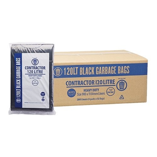 Box of 120-litre black garbage bags with a single bag on a white background