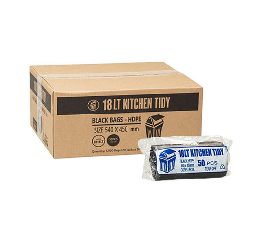 Box of 18LT Kitchen Tidy black bags with a sample bag on a white background