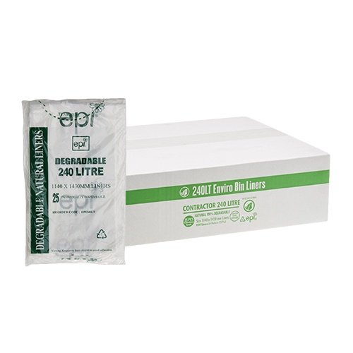 Packaging of EPI degradable bin liners with a box on a white background