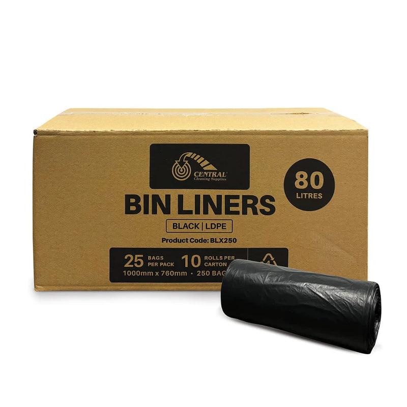 Box of Central Bin Liners with a roll of black bin liners on a white background