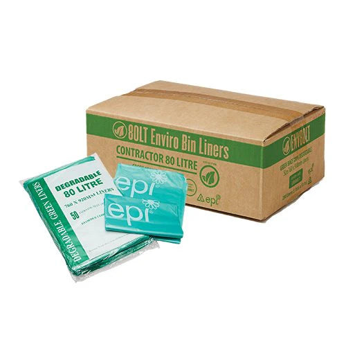 Box of Bolt Enviro Bin Liners with green bags on a white background
