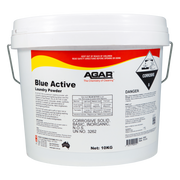White bucket of Agar Blue Active Laundry Powder with a red label on a white background
