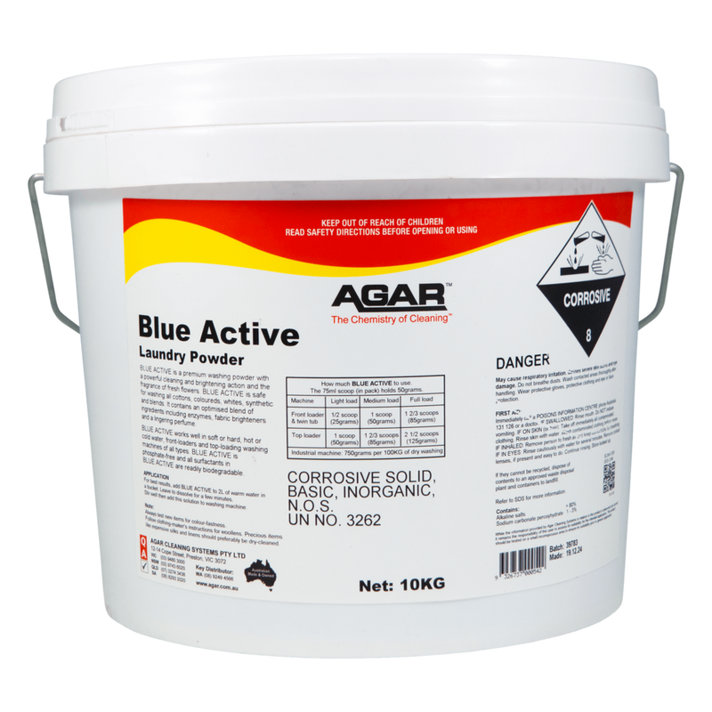 White bucket of Agar Blue Active Laundry Powder with a red label on a white background