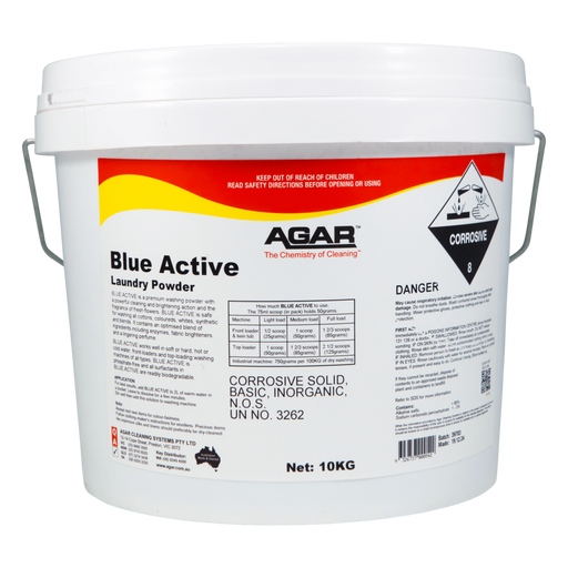 White bucket of Agar Blue Active Laundry Powder with a red label on a white background
