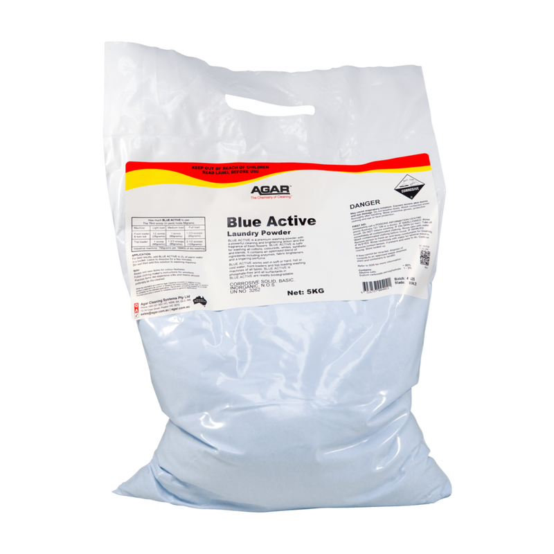 Bag of Agar Blue Active laundry powder on a white background