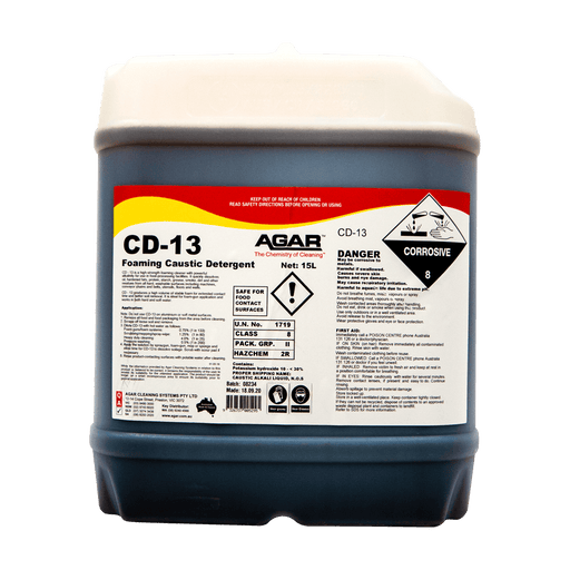 Container of CD-13 Foaming Caustic Detergent with Agar label on a black background