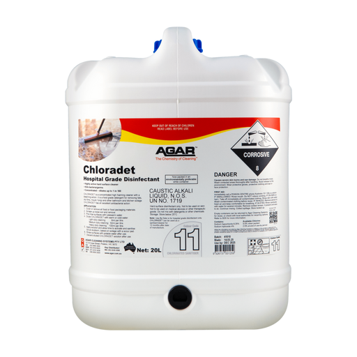White container of Chloradet hospital grade disinfectant with Agar branding on a white background