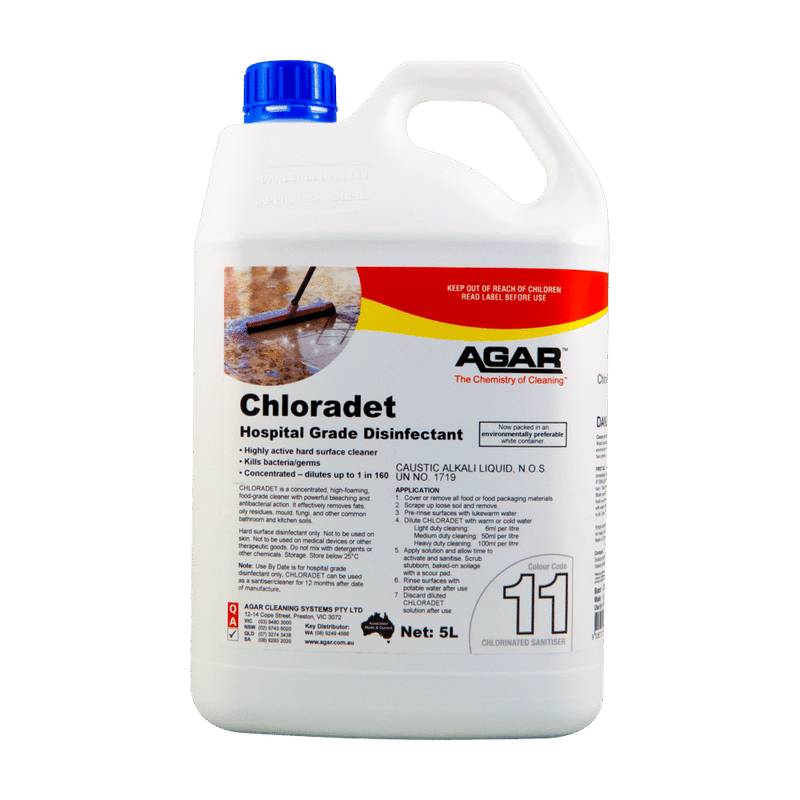 5L container of Chloradet hospital grade disinfectant by Agar on a gray background