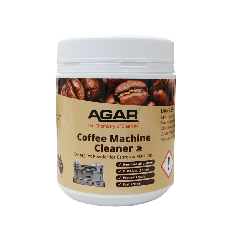 Agar Coffee Machine Cleaner container with coffee beans on a white background