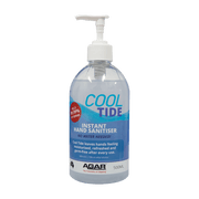 Clear hand sanitizer bottle with blue label on a white background