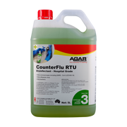 Green disinfectant container with red cap labeled 'CounterFlu RTU' by Agar on a white background