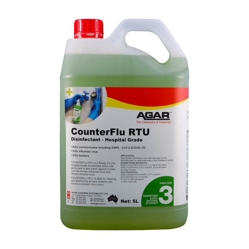 Green disinfectant container with red cap labeled 'CounterFlu RTU' by Agar on a white background