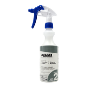 Spray bottle with blue nozzle and white label on a white background