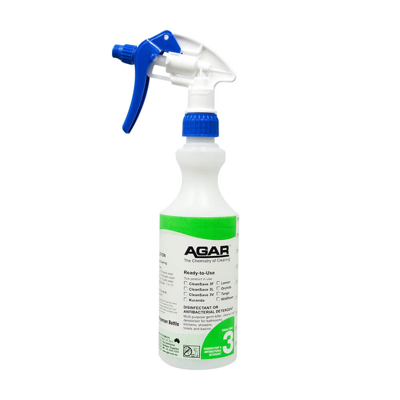 Spray bottle with blue nozzle and white label featuring the brand 'AGAR' on a white background.