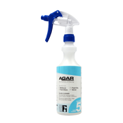 Spray bottle with blue nozzle and white label on a white background