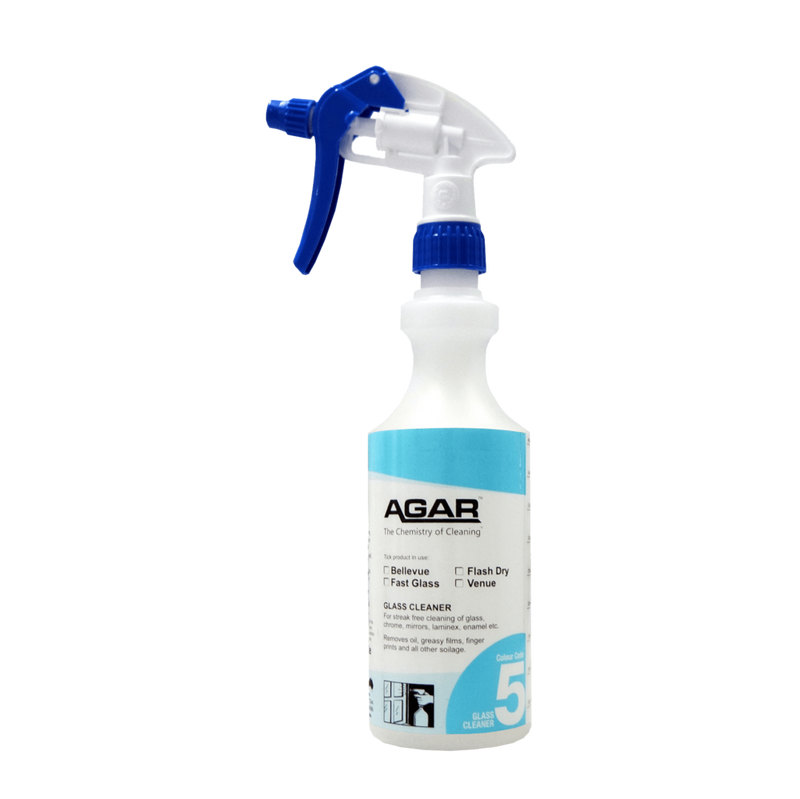 Spray bottle with blue nozzle and white label on a white background