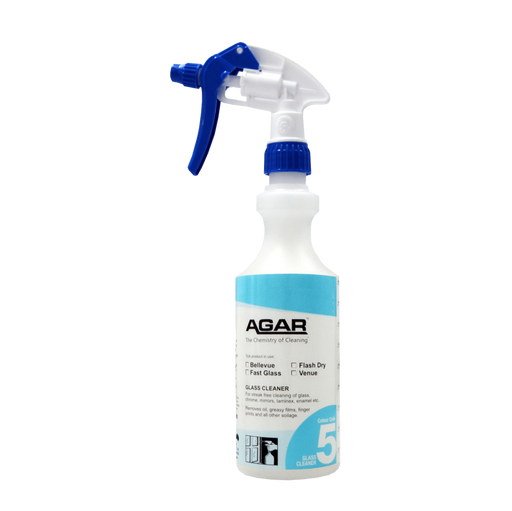 Spray bottle with blue nozzle and white label on a white background
