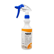 Spray bottle with blue nozzle and white label on a black background