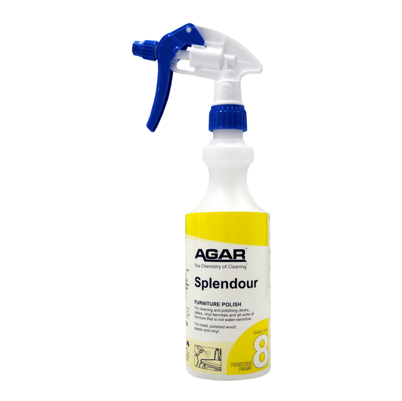 Spray bottle labeled 'Agar Splendour Furniture Polish' on a white background