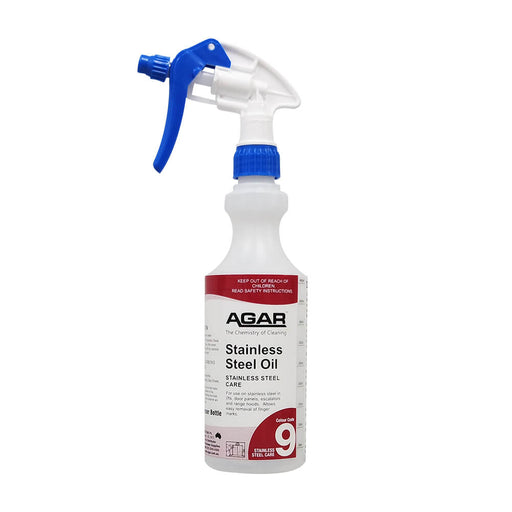 Spray bottle labeled 'Agar Stainless Steel Oil' on a white background