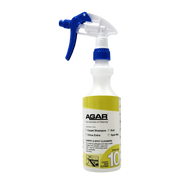 Spray bottle with blue nozzle and yellow label on a white background