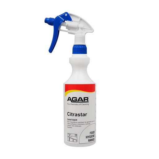 Agar CitraStar sanitizer spray bottle on a black background