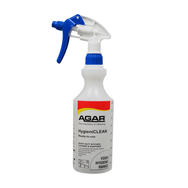 Spray bottle labeled 'Agar HygieniCLEAN' on a black background