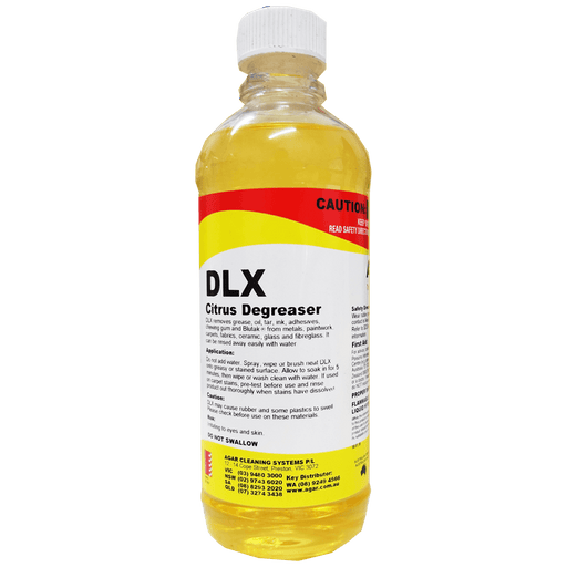 Bottle of DLX Citrus Degreaser with a yellow label on a white background