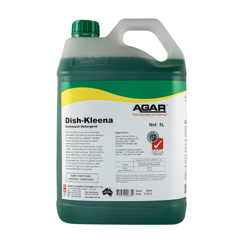 Green and white container of Agar Dish-Kleena dishwash detergent on a white background