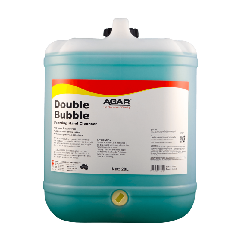 Large container of Double Bubble foaming hand cleanser with Agar branding on a white background
