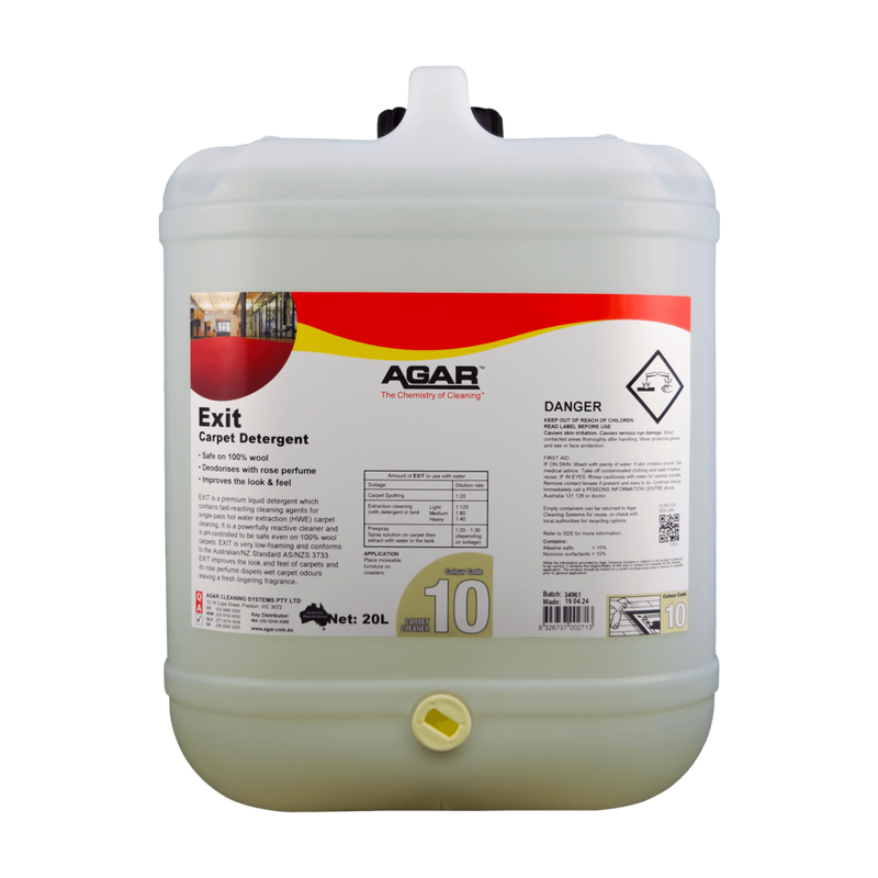 Large container of Agar Exit Carpet Detergent on a white background