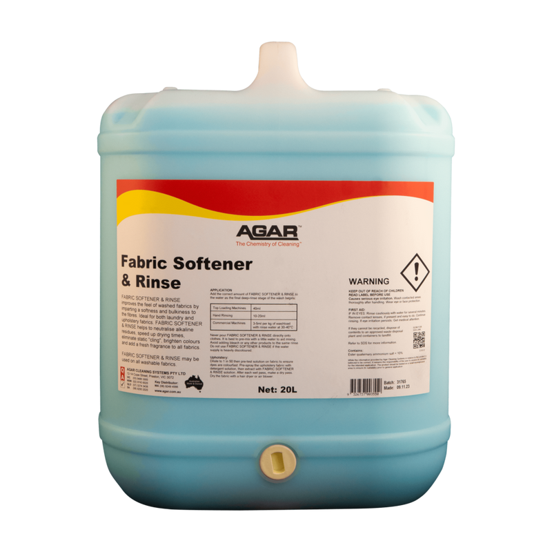 Blue container of Agar fabric softener and rinse on a white background