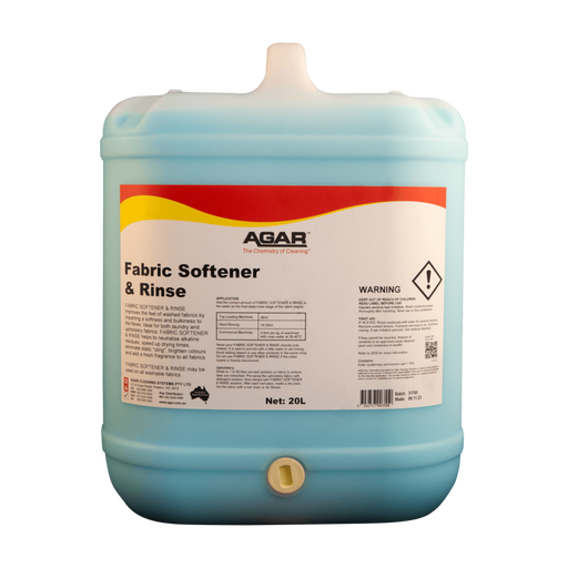 Blue container of Agar fabric softener and rinse on a white background