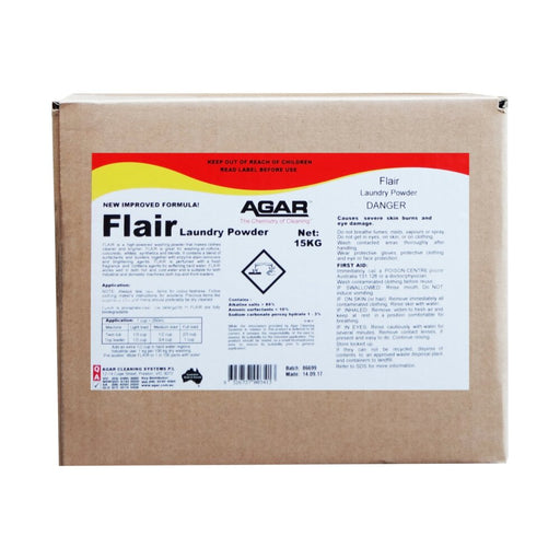 Box of Flair Laundry Powder with Agar branding on a white background
