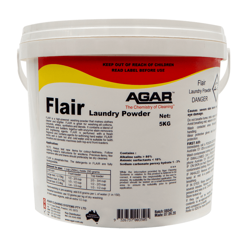 White bucket of Agar Flair Laundry Powder with label on a white background