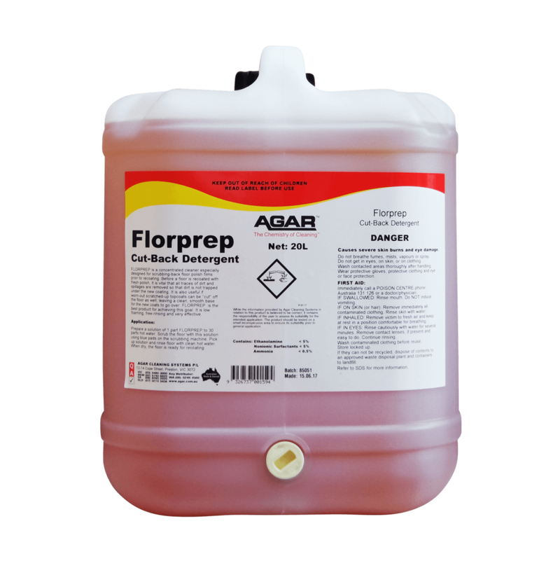 Large container of Florprep Cut-Back Detergent with Agar branding on a white background