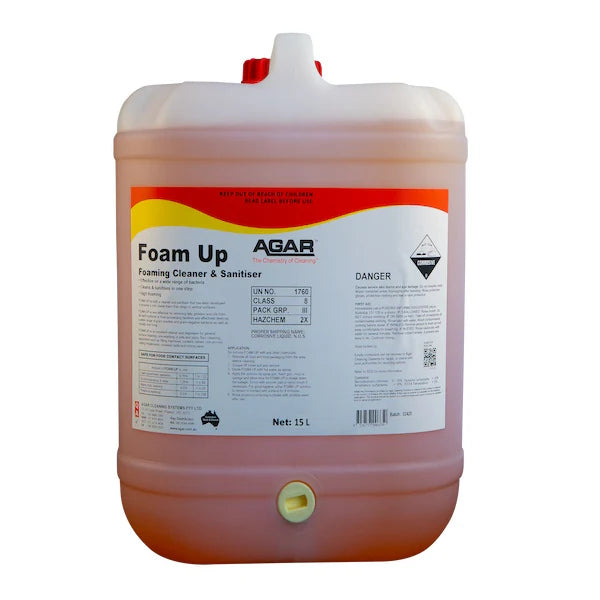 Large container of Foam Up AGAR foaming cleaner and sanitizer on a white background
