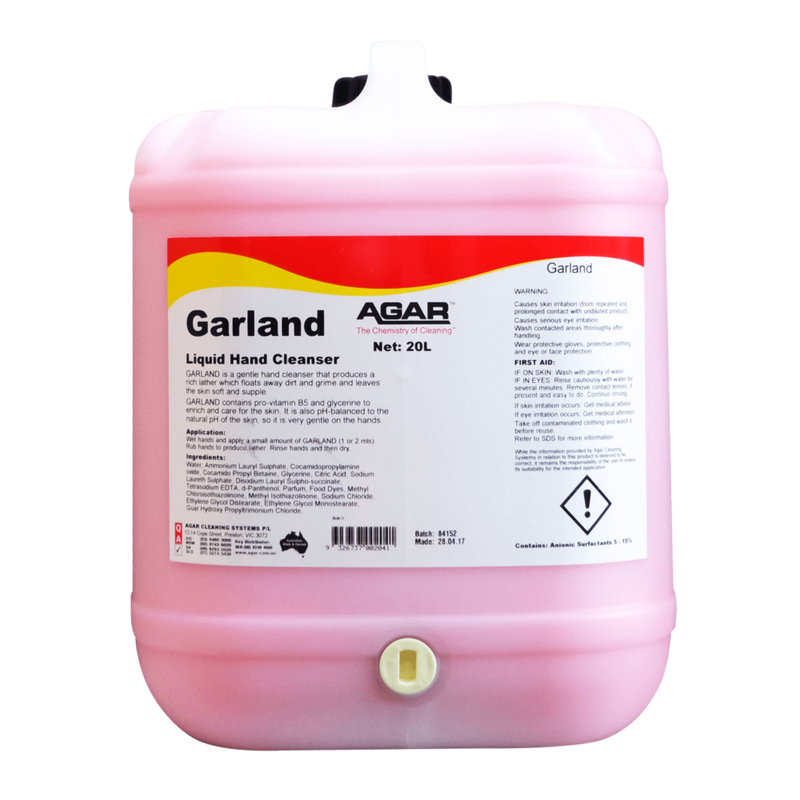 Pink container of Garland Agar Liquid Hand Cleanser on a white background