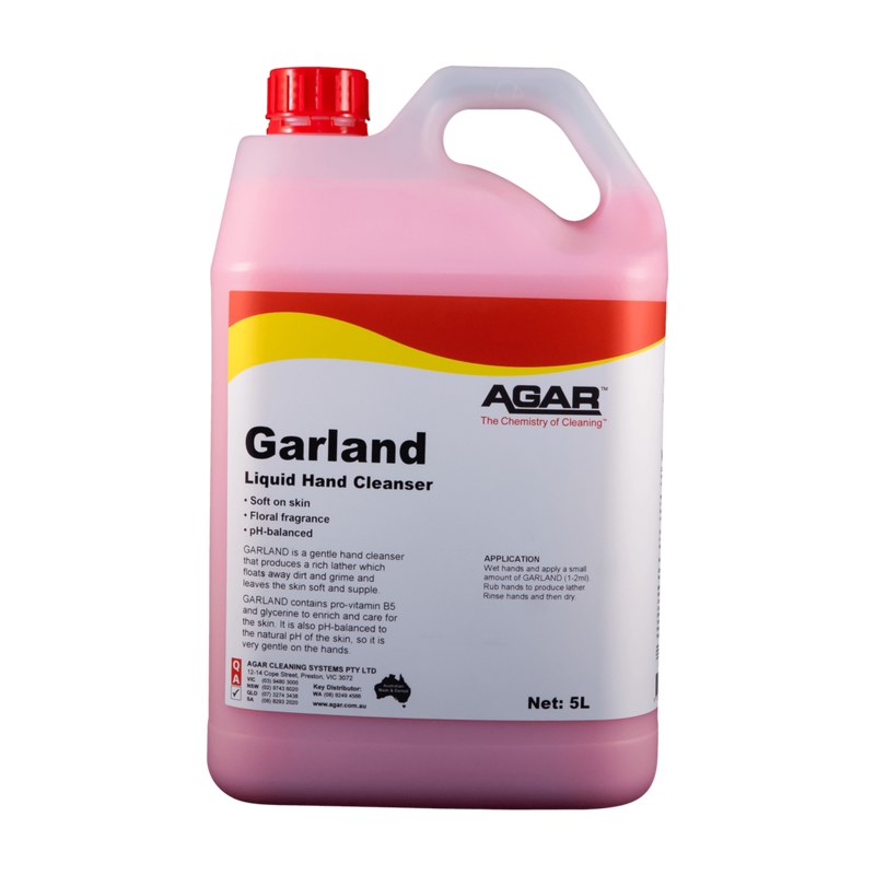 5L container of Agar Garland Liquid Hand Cleanser on a white background