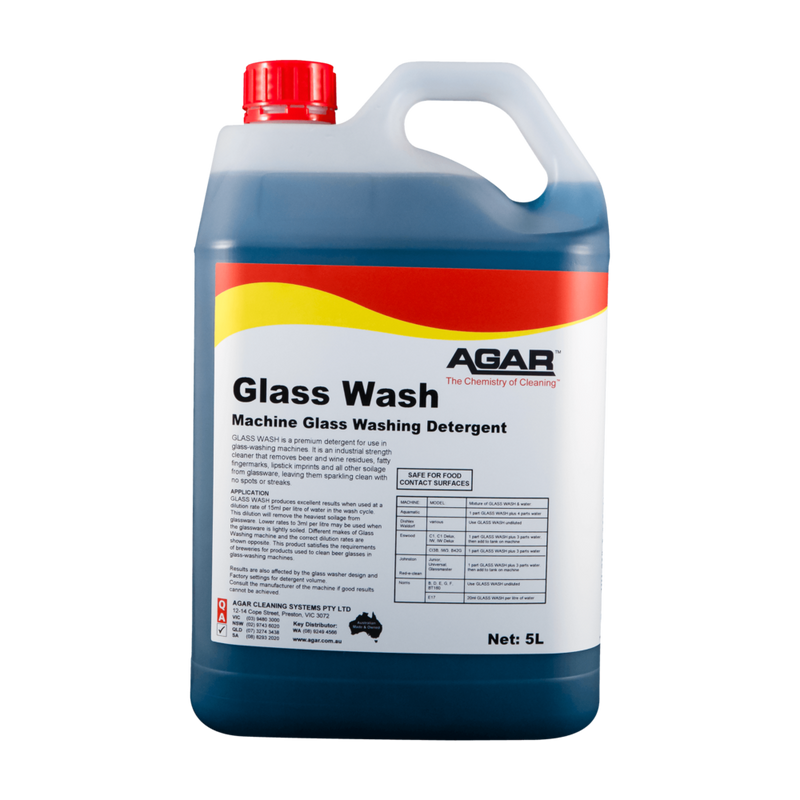 5L container of Agar Glass Wash detergent on a white background