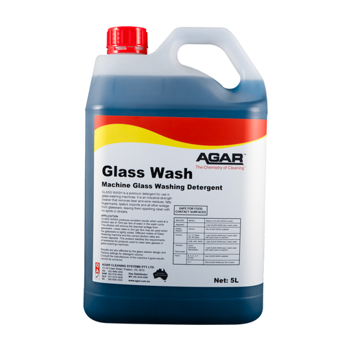 5L container of Agar Glass Wash detergent on a white background